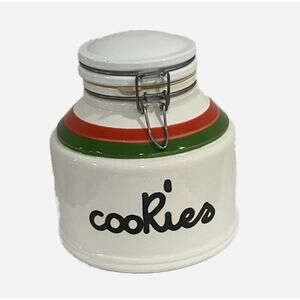 Vintage 1970s Line Cookie Jar by Massimo Baldelli Italia White Red Green Ceramic